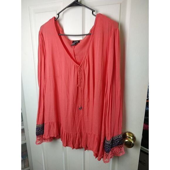 Justify Pink V Tassel Long Sleeve Semi Sheer Blouse. Size 1X - Picture 2 of 11